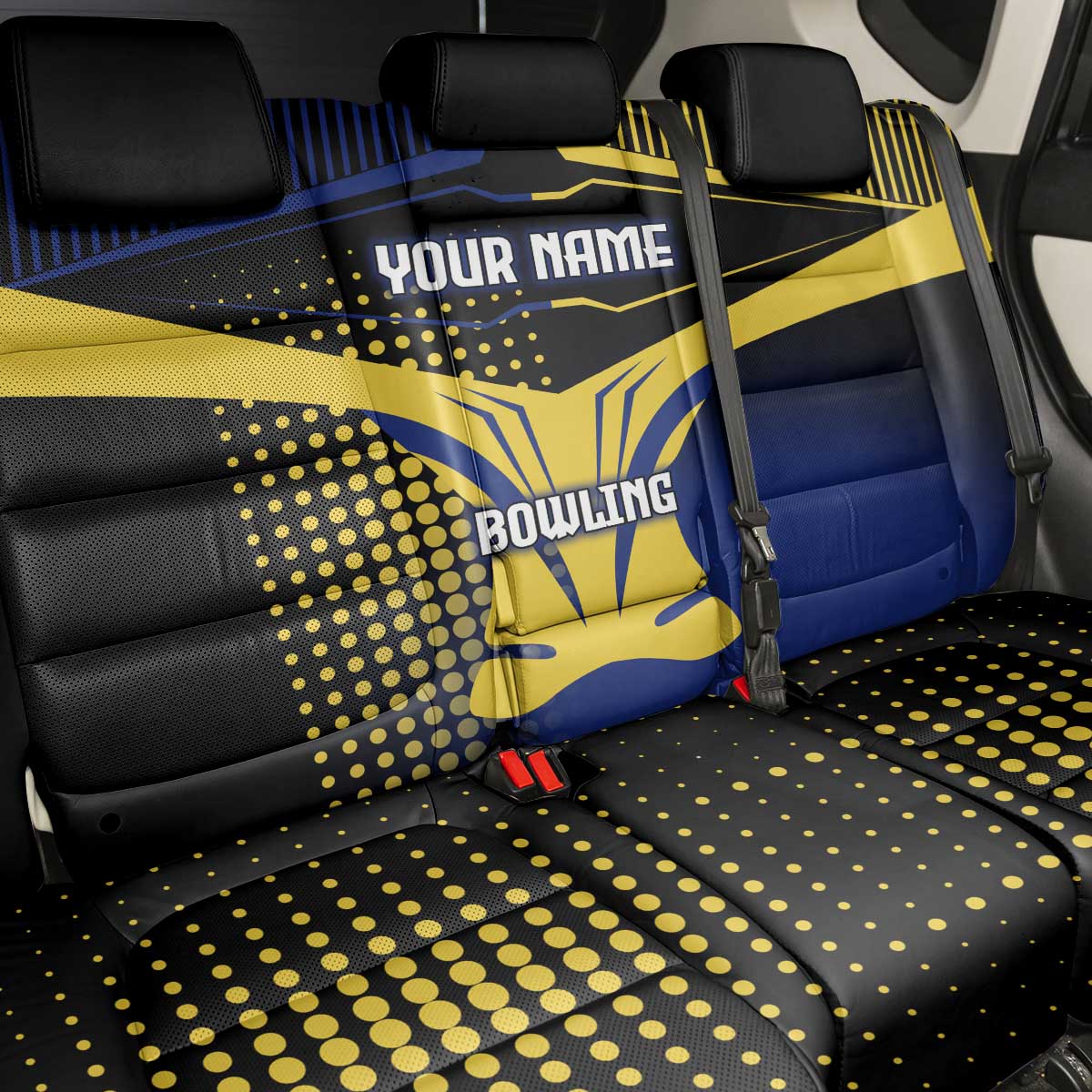 Personalized Blue and Yellow Bowling Back Car Seat Cover with Striking Pins Retro Dot Pattern Design - Wonder Print Shop