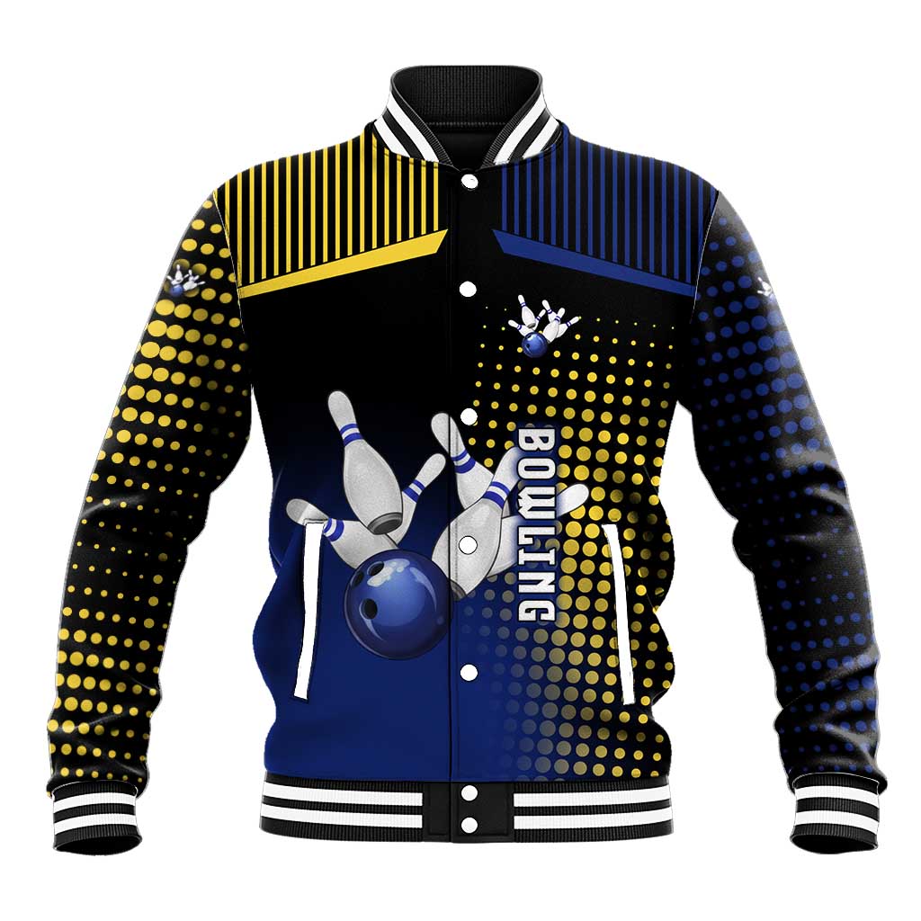 Personalized Blue and Yellow Bowling Baseball Jacket with Striking Pins Retro Dot Pattern Design - Wonder Print Shop