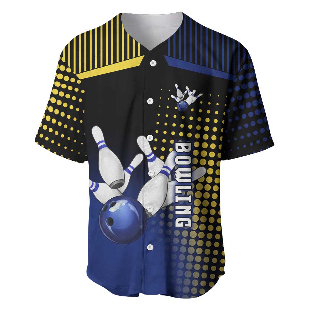 Personalized Blue and Yellow Bowling Baseball Jersey with Striking Pins Retro Dot Pattern Design - Wonder Print Shop