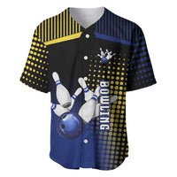 Personalized Blue and Yellow Bowling Baseball Jersey with Striking Pins Retro Dot Pattern Design - Wonder Print Shop