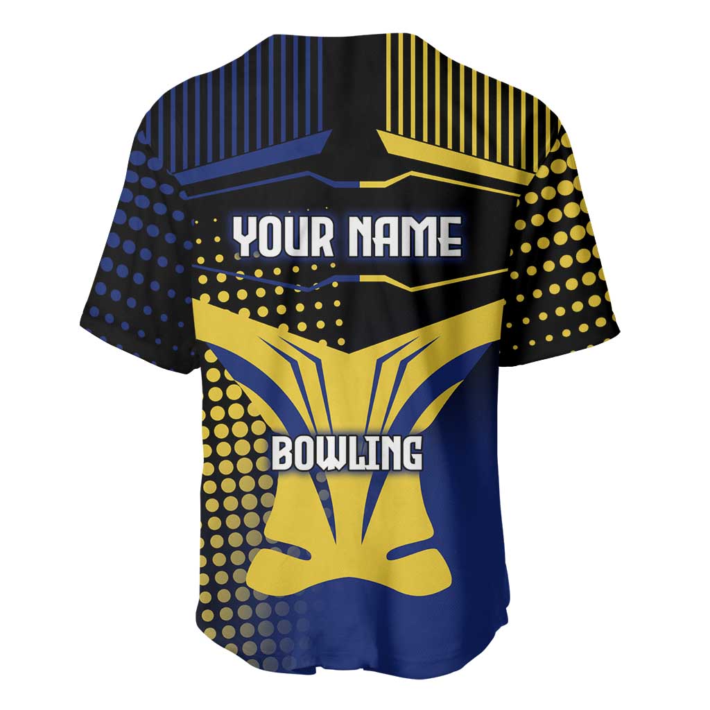 Personalized Blue and Yellow Bowling Baseball Jersey with Striking Pins Retro Dot Pattern Design - Wonder Print Shop