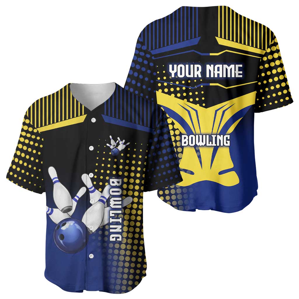 Personalized Blue and Yellow Bowling Baseball Jersey with Striking Pins Retro Dot Pattern Design - Wonder Print Shop