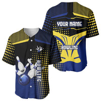 Personalized Blue and Yellow Bowling Baseball Jersey with Striking Pins Retro Dot Pattern Design - Wonder Print Shop