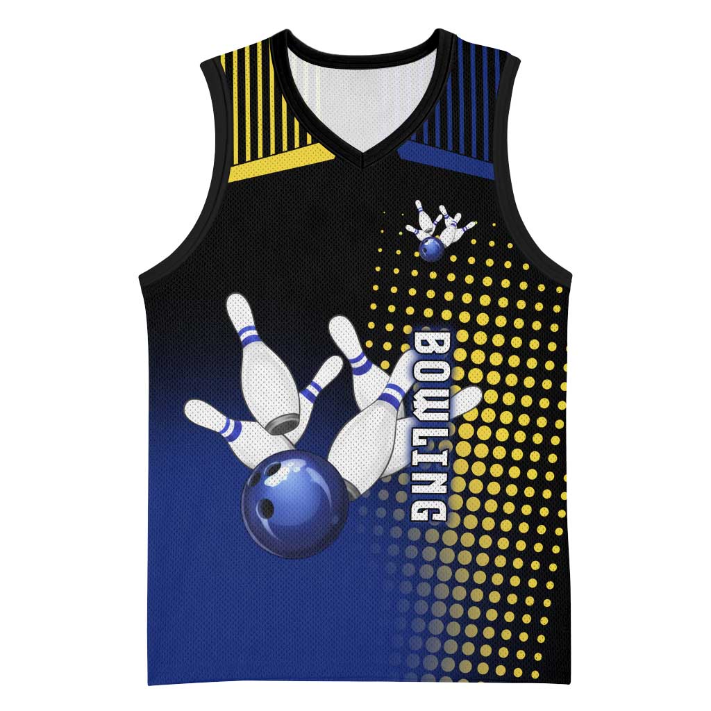 Personalized Blue and Yellow Bowling Basketball Jersey with Striking Pins Retro Dot Pattern Design - Wonder Print Shop