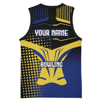 Personalized Blue and Yellow Bowling Basketball Jersey with Striking Pins Retro Dot Pattern Design - Wonder Print Shop