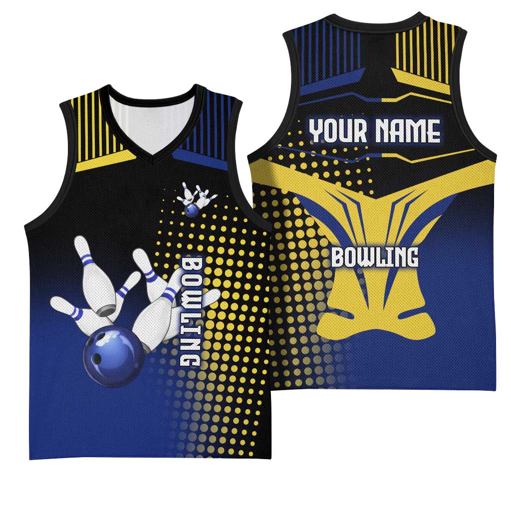 Personalized Blue and Yellow Bowling Basketball Jersey with Striking Pins Retro Dot Pattern Design - Wonder Print Shop