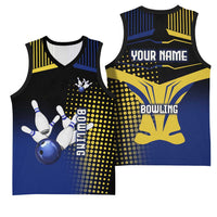 Personalized Blue and Yellow Bowling Basketball Jersey with Striking Pins Retro Dot Pattern Design - Wonder Print Shop
