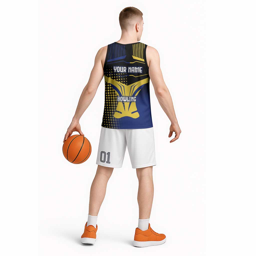 Personalized Blue and Yellow Bowling Basketball Jersey with Striking Pins Retro Dot Pattern Design - Wonder Print Shop