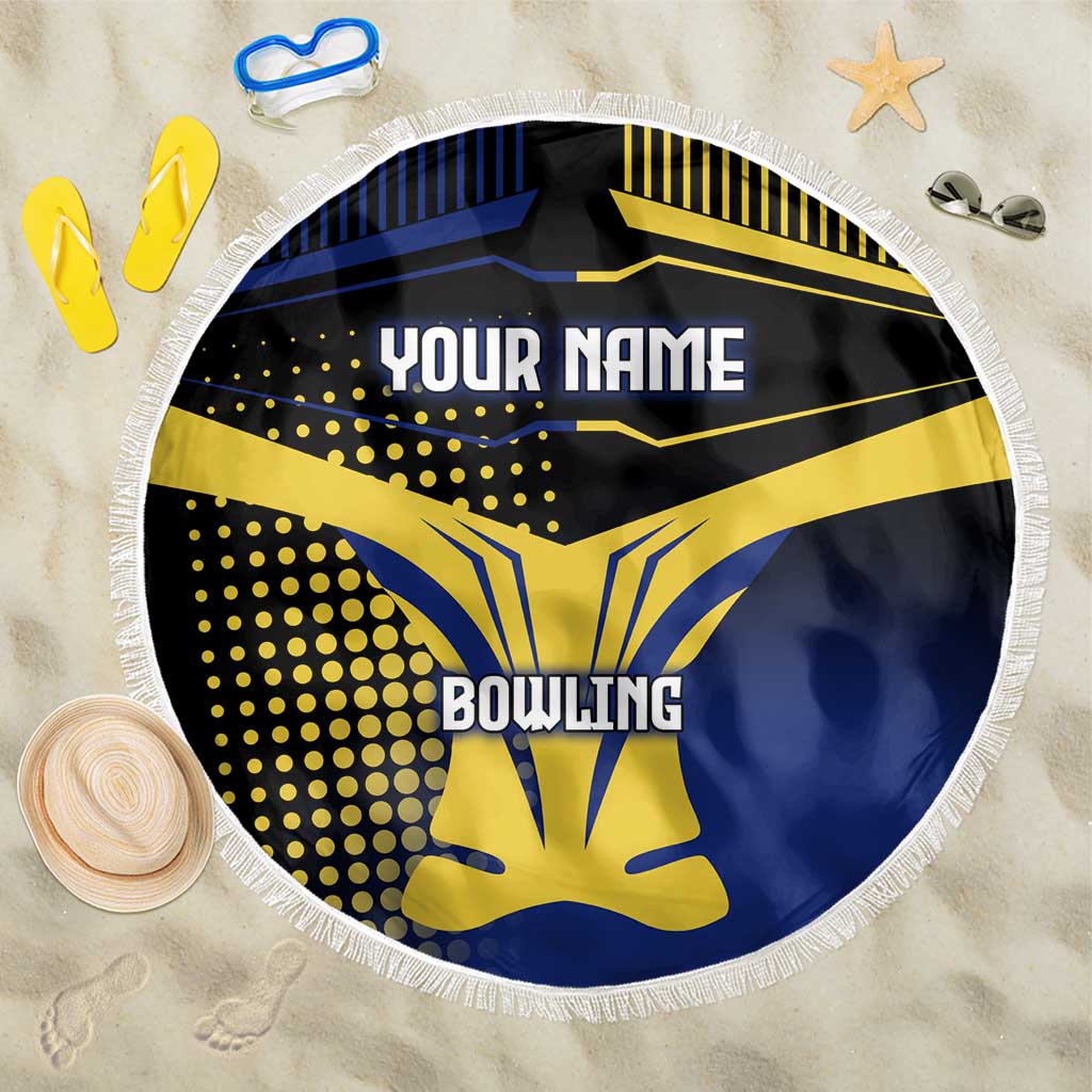 Personalized Blue and Yellow Bowling Beach Blanket with Striking Pins Retro Dot Pattern Design - Wonder Print Shop