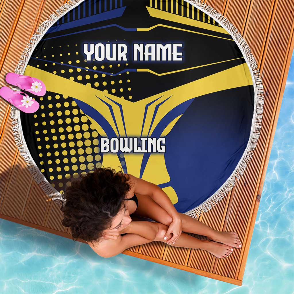 Personalized Blue and Yellow Bowling Beach Blanket with Striking Pins Retro Dot Pattern Design - Wonder Print Shop