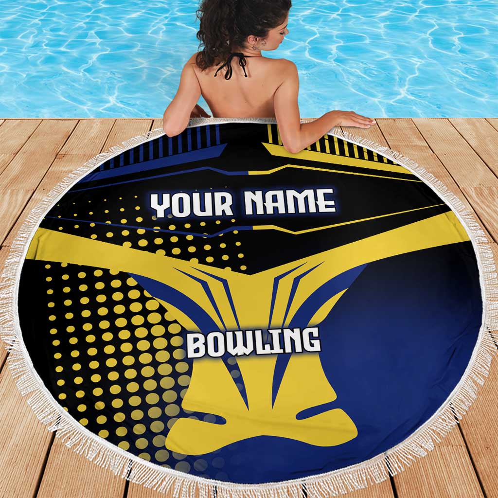 Personalized Blue and Yellow Bowling Beach Blanket with Striking Pins Retro Dot Pattern Design - Wonder Print Shop