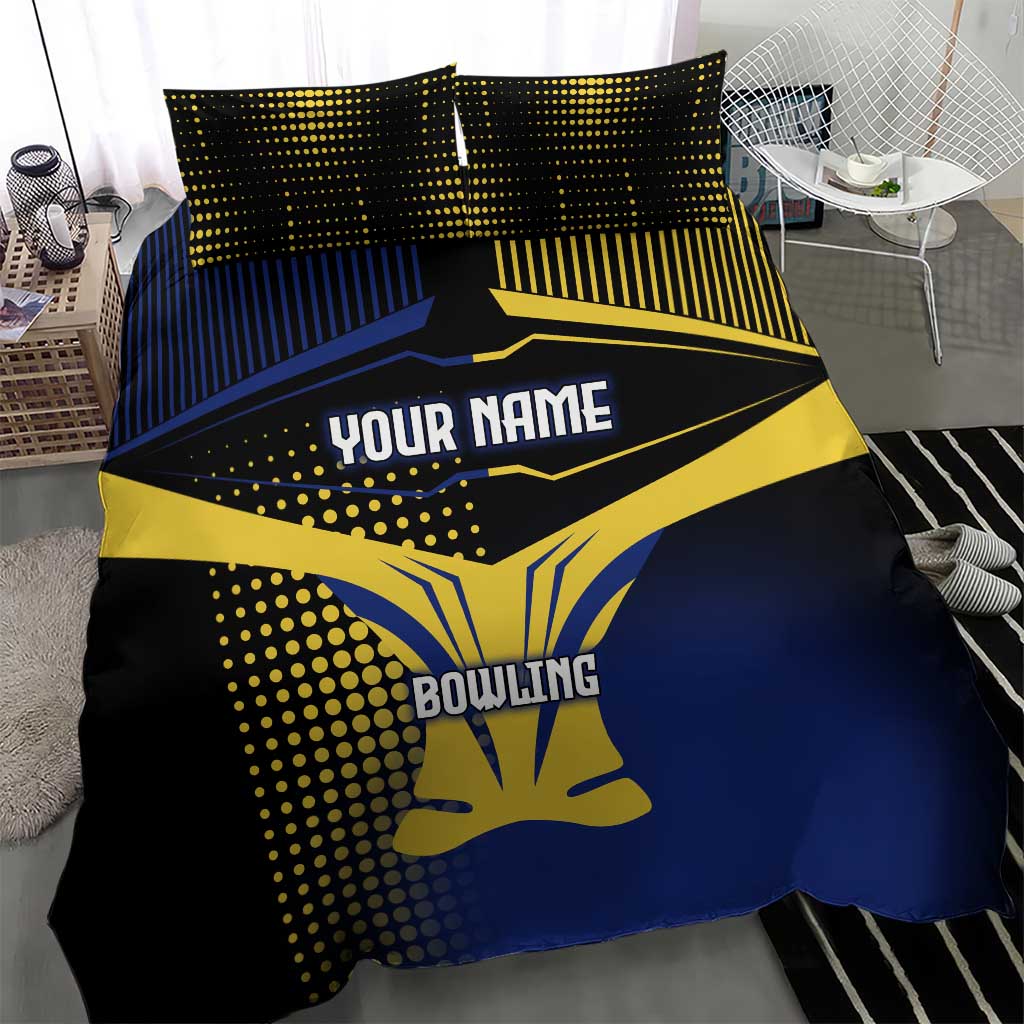 Personalized Blue and Yellow Bowling Bedding Set with Striking Pins Retro Dot Pattern Design - Wonder Print Shop
