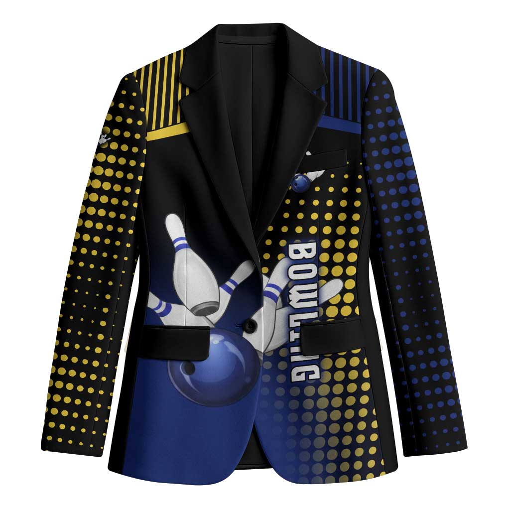 Personalized Blue and Yellow Bowling Blazer with Striking Pins Retro Dot Pattern Design - Wonder Print Shop