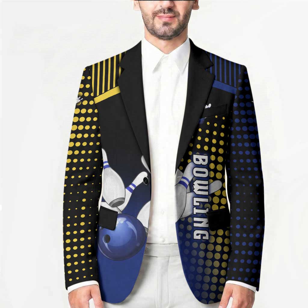 Personalized Blue and Yellow Bowling Blazer with Striking Pins Retro Dot Pattern Design - Wonder Print Shop