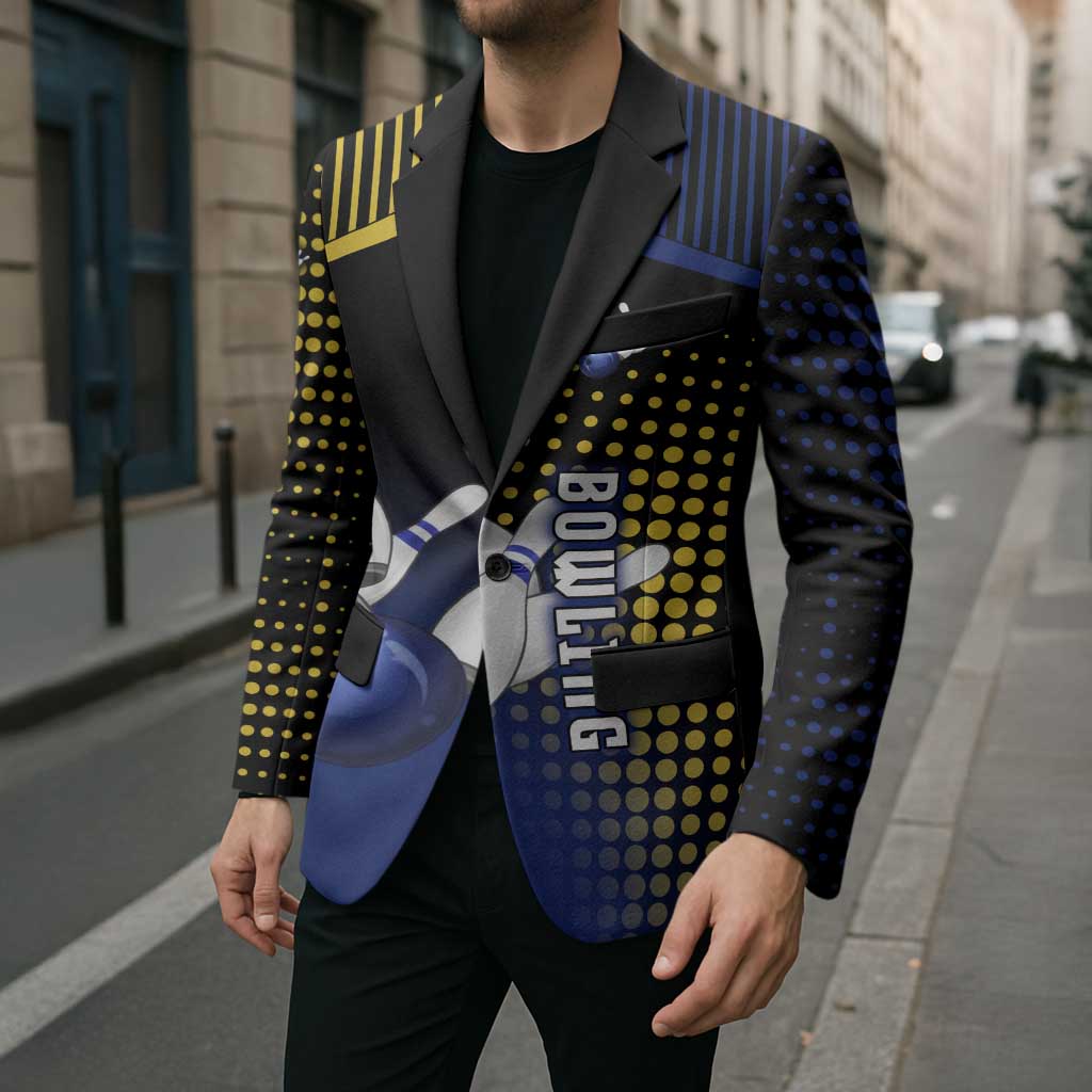 Personalized Blue and Yellow Bowling Blazer with Striking Pins Retro Dot Pattern Design - Wonder Print Shop