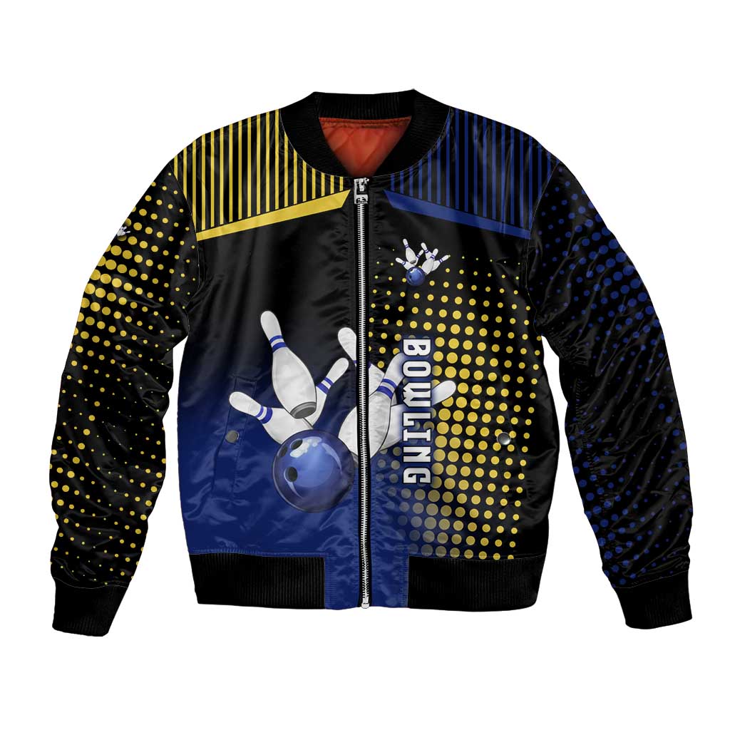Personalized Blue and Yellow Bowling Bomber Jacket with Striking Pins Retro Dot Pattern Design - Wonder Print Shop