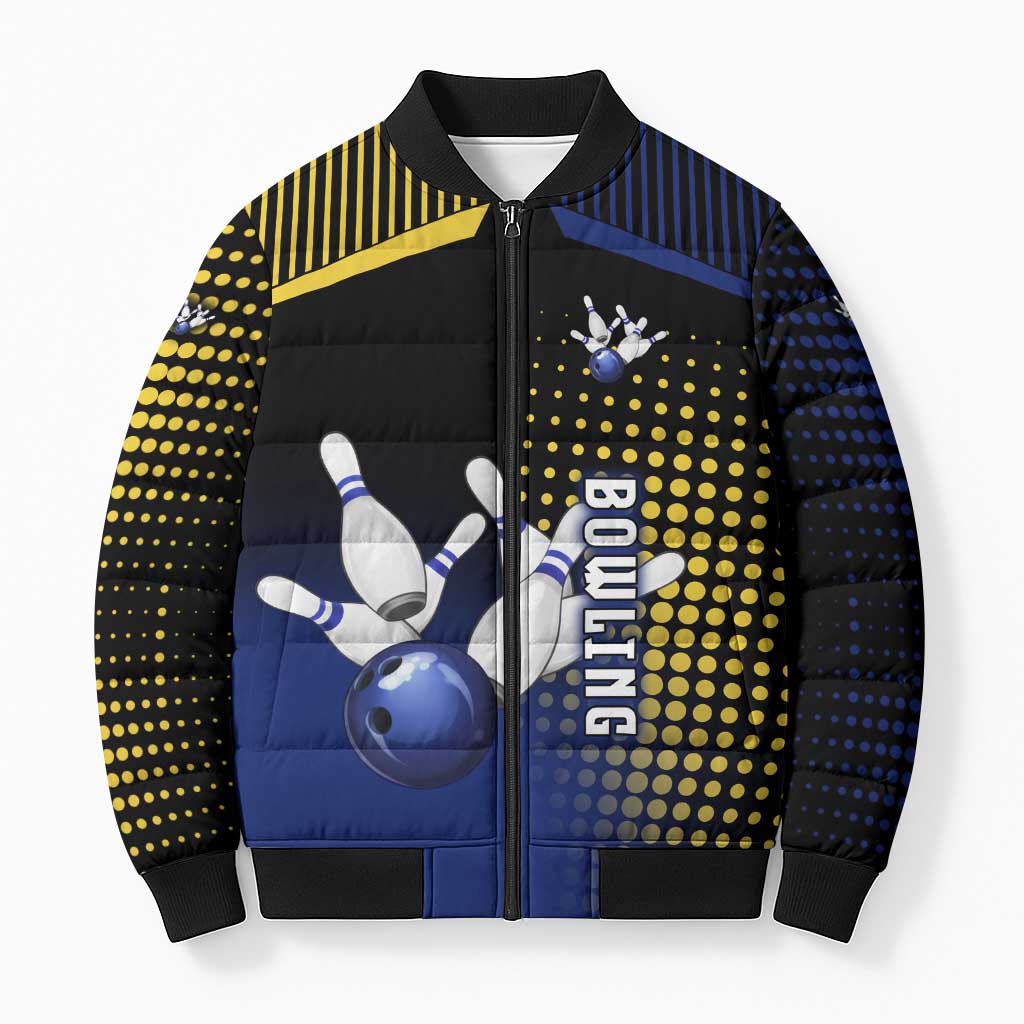 Personalized Blue and Yellow Bowling Bomber Puffer Jacket with Striking Pins Retro Dot Pattern Design - Wonder Print Shop