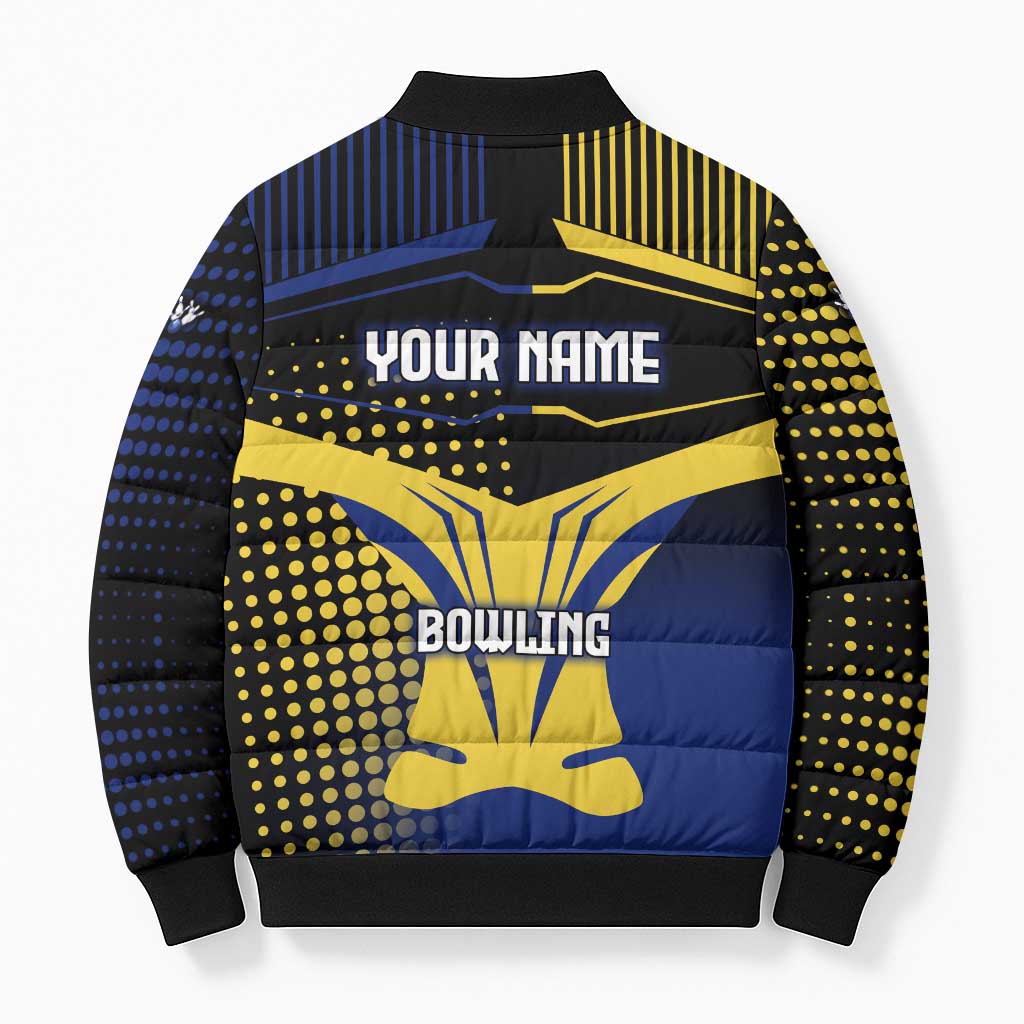 Personalized Blue and Yellow Bowling Bomber Puffer Jacket with Striking Pins Retro Dot Pattern Design - Wonder Print Shop