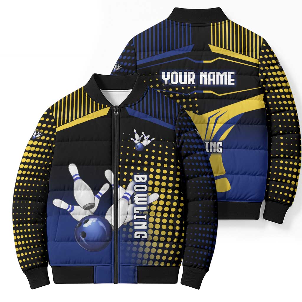 Personalized Blue and Yellow Bowling Bomber Puffer Jacket with Striking Pins Retro Dot Pattern Design - Wonder Print Shop