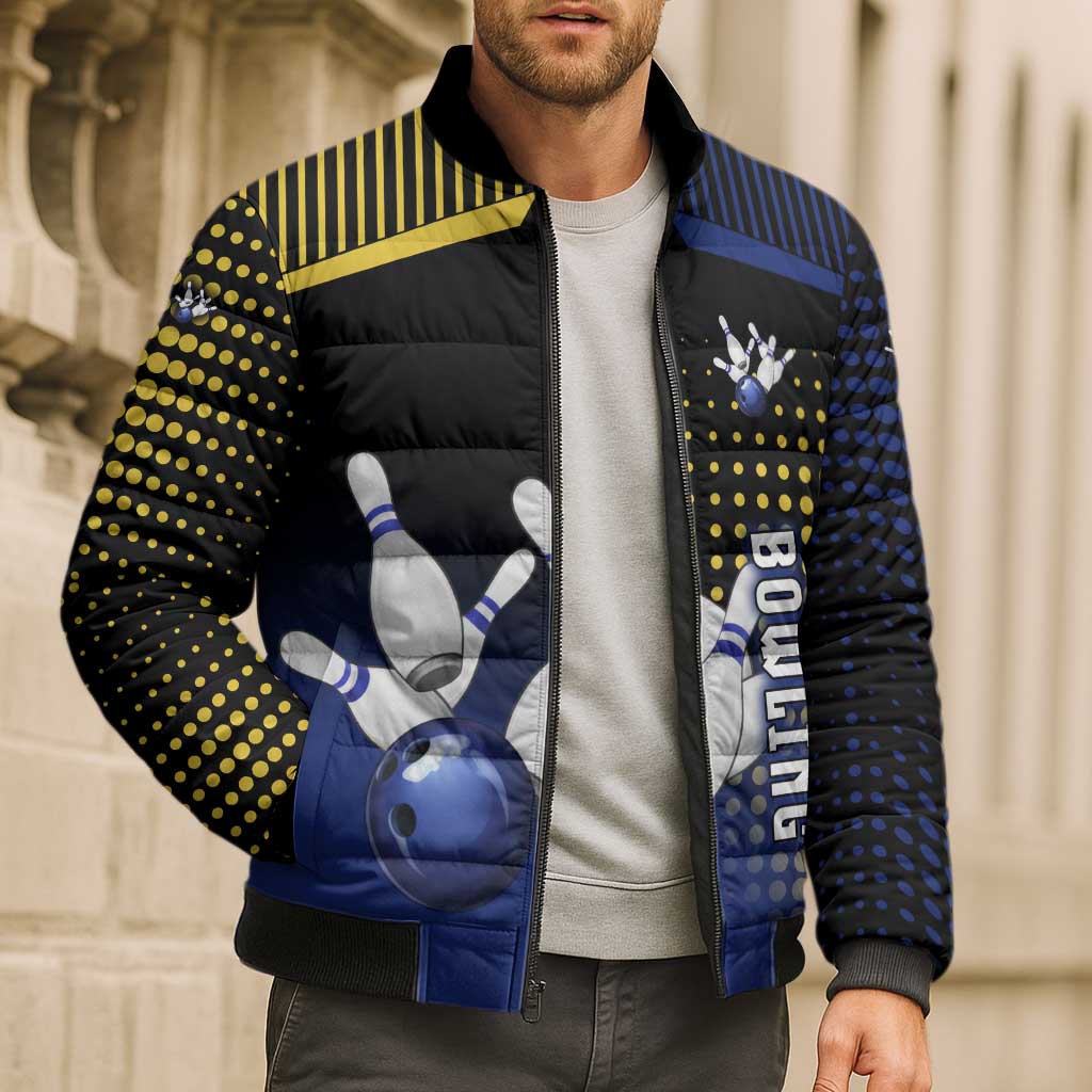 Personalized Blue and Yellow Bowling Bomber Puffer Jacket with Striking Pins Retro Dot Pattern Design - Wonder Print Shop