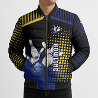 Personalized Blue and Yellow Bowling Bomber Puffer Jacket with Striking Pins Retro Dot Pattern Design - Wonder Print Shop
