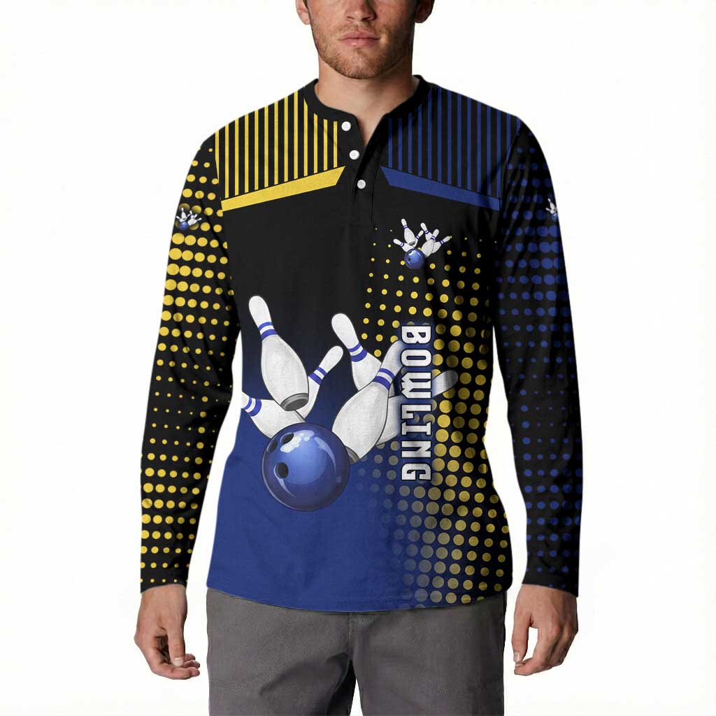 Personalized Blue and Yellow Bowling Button Sweatshirt with Striking Pins Retro Dot Pattern Design - Wonder Print Shop