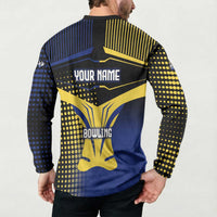 Personalized Blue and Yellow Bowling Button Sweatshirt with Striking Pins Retro Dot Pattern Design - Wonder Print Shop