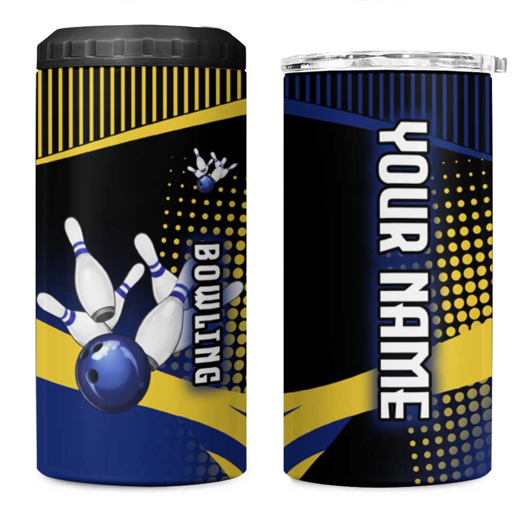 Personalized Blue and Yellow Bowling 4 in 1 Can Cooler Tumbler with Striking Pins Retro Dot Pattern Design - Wonder Print Shop