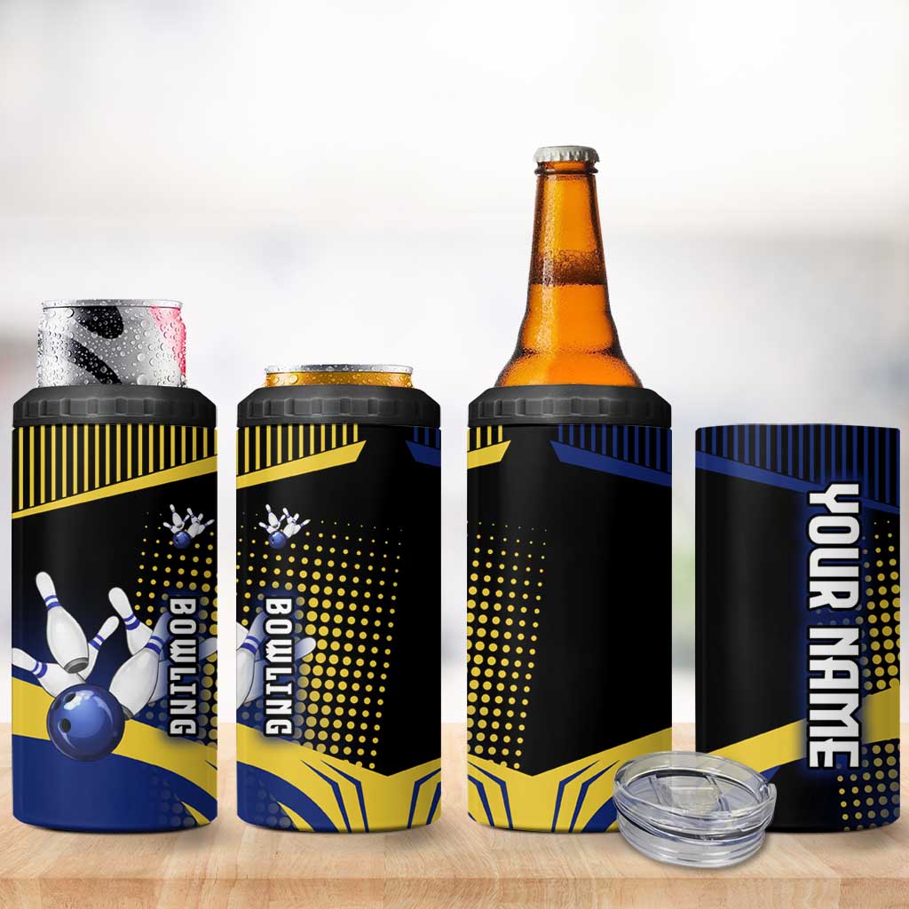 Personalized Blue and Yellow Bowling 4 in 1 Can Cooler Tumbler with Striking Pins Retro Dot Pattern Design - Wonder Print Shop