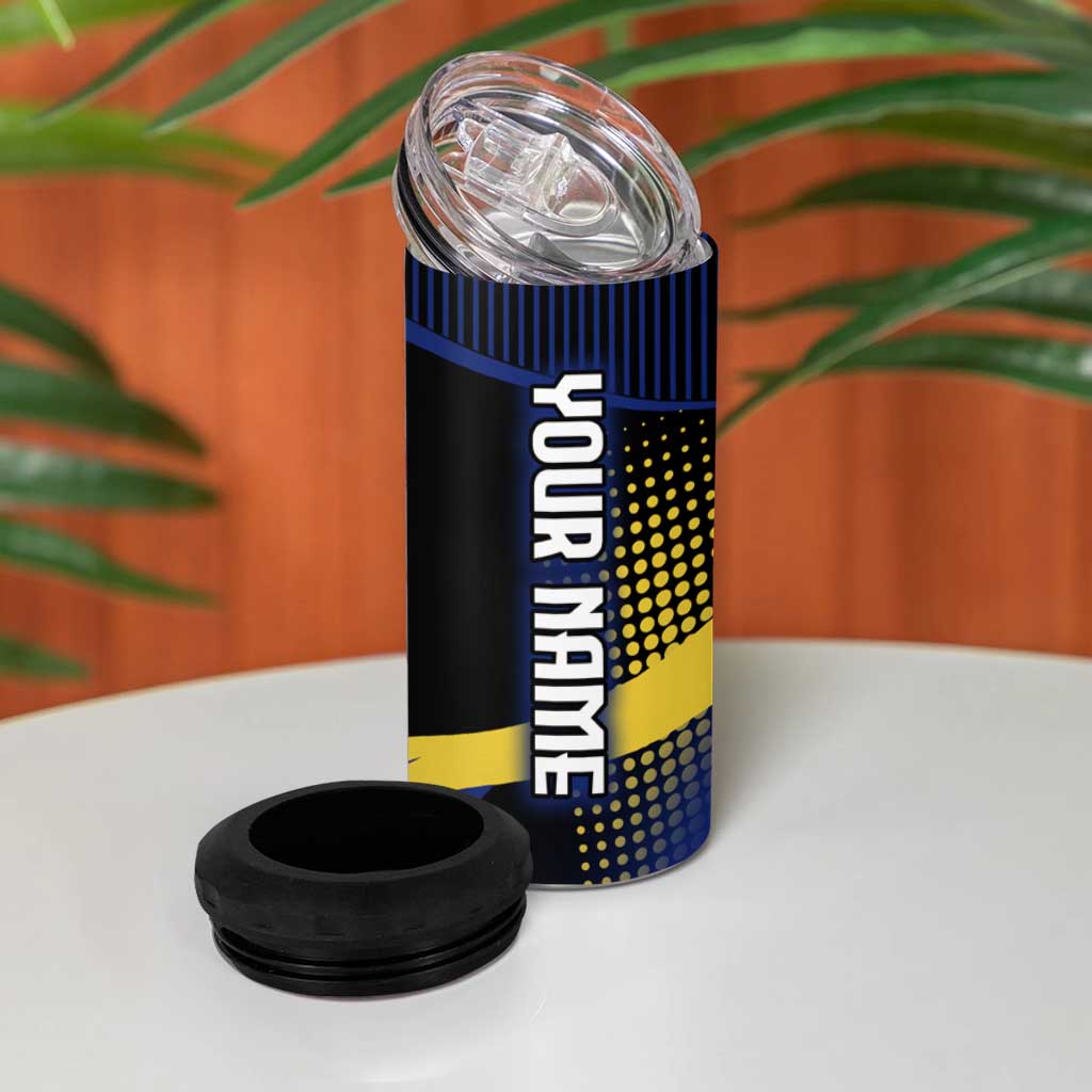 Personalized Blue and Yellow Bowling 4 in 1 Can Cooler Tumbler with Striking Pins Retro Dot Pattern Design - Wonder Print Shop
