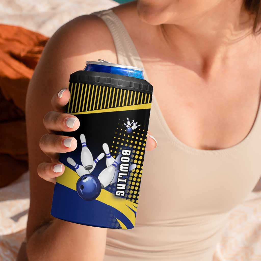 Personalized Blue and Yellow Bowling 4 in 1 Can Cooler Tumbler with Striking Pins Retro Dot Pattern Design - Wonder Print Shop