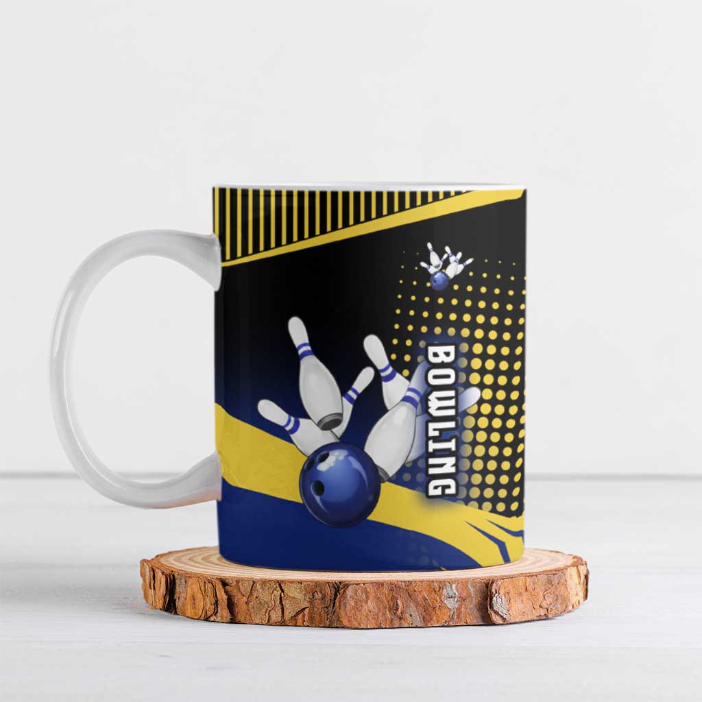 Personalized Blue and Yellow Bowling Ceramic Mug with Striking Pins Retro Dot Pattern Design - Wonder Print Shop