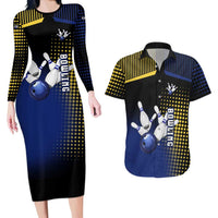 Personalized Blue and Yellow Bowling Couples Matching Long Sleeve Bodycon Dress and Hawaiian Shirt with Striking Pins Retro Dot Pattern Design - Wonder Print Shop