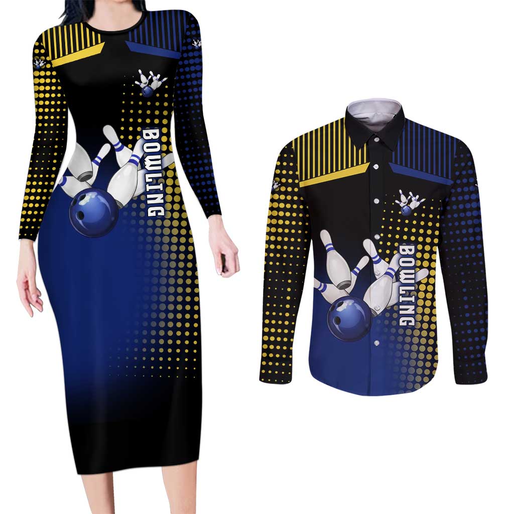 Personalized Blue and Yellow Bowling Couples Matching Long Sleeve Bodycon Dress and Long Sleeve Button Shirt with Striking Pins Retro Dot Pattern Design - Wonder Print Shop
