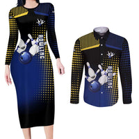 Personalized Blue and Yellow Bowling Couples Matching Long Sleeve Bodycon Dress and Long Sleeve Button Shirt with Striking Pins Retro Dot Pattern Design - Wonder Print Shop