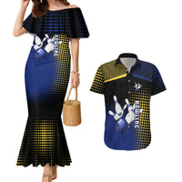 Personalized Blue and Yellow Bowling Couples Matching Mermaid Dress and Hawaiian Shirt with Striking Pins Retro Dot Pattern Design - Wonder Print Shop