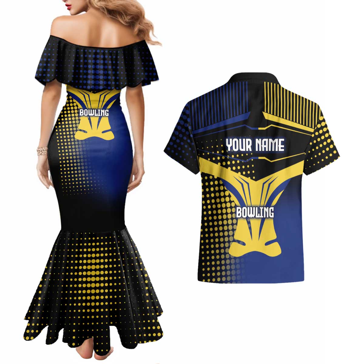 Personalized Blue and Yellow Bowling Couples Matching Mermaid Dress and Hawaiian Shirt with Striking Pins Retro Dot Pattern Design - Wonder Print Shop