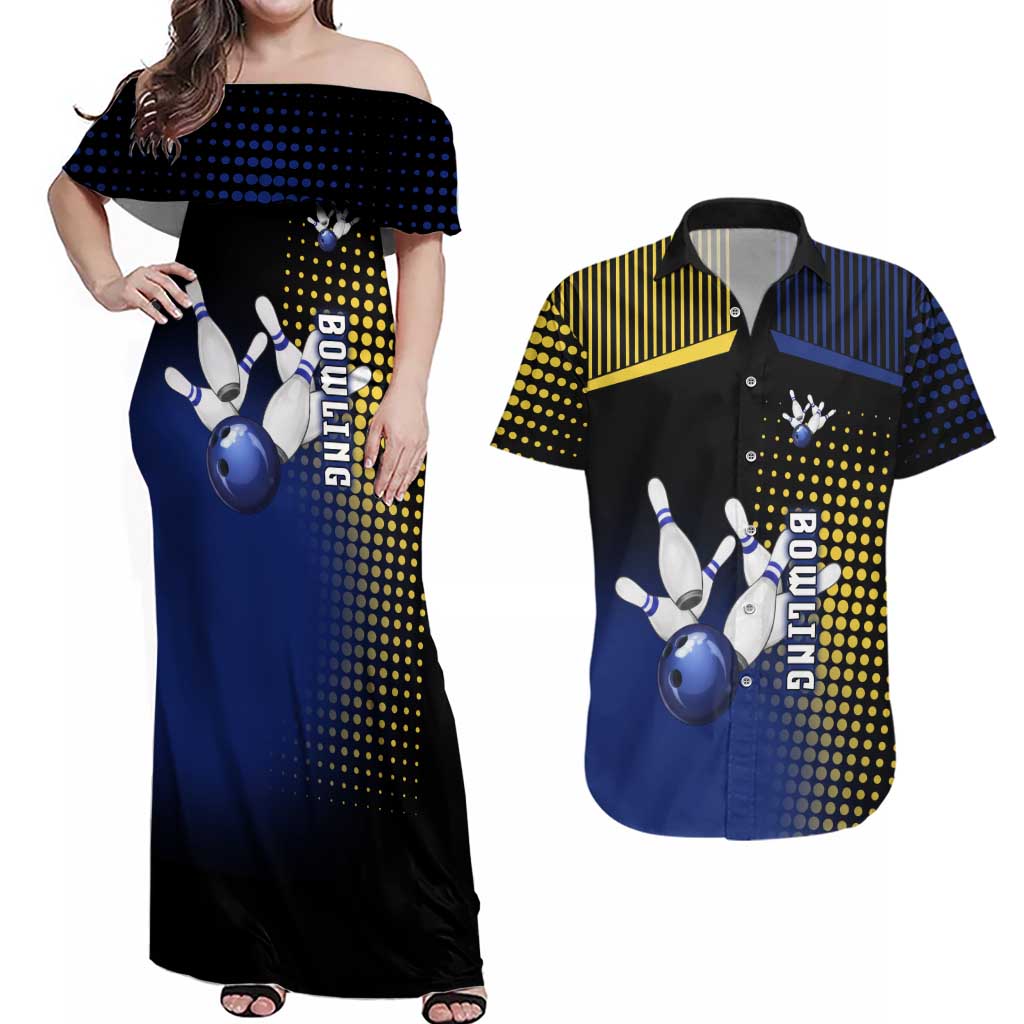 Personalized Blue and Yellow Bowling Couples Matching Off Shoulder Maxi Dress and Hawaiian Shirt with Striking Pins Retro Dot Pattern Design - Wonder Print Shop
