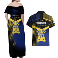 Personalized Blue and Yellow Bowling Couples Matching Off Shoulder Maxi Dress and Hawaiian Shirt with Striking Pins Retro Dot Pattern Design - Wonder Print Shop