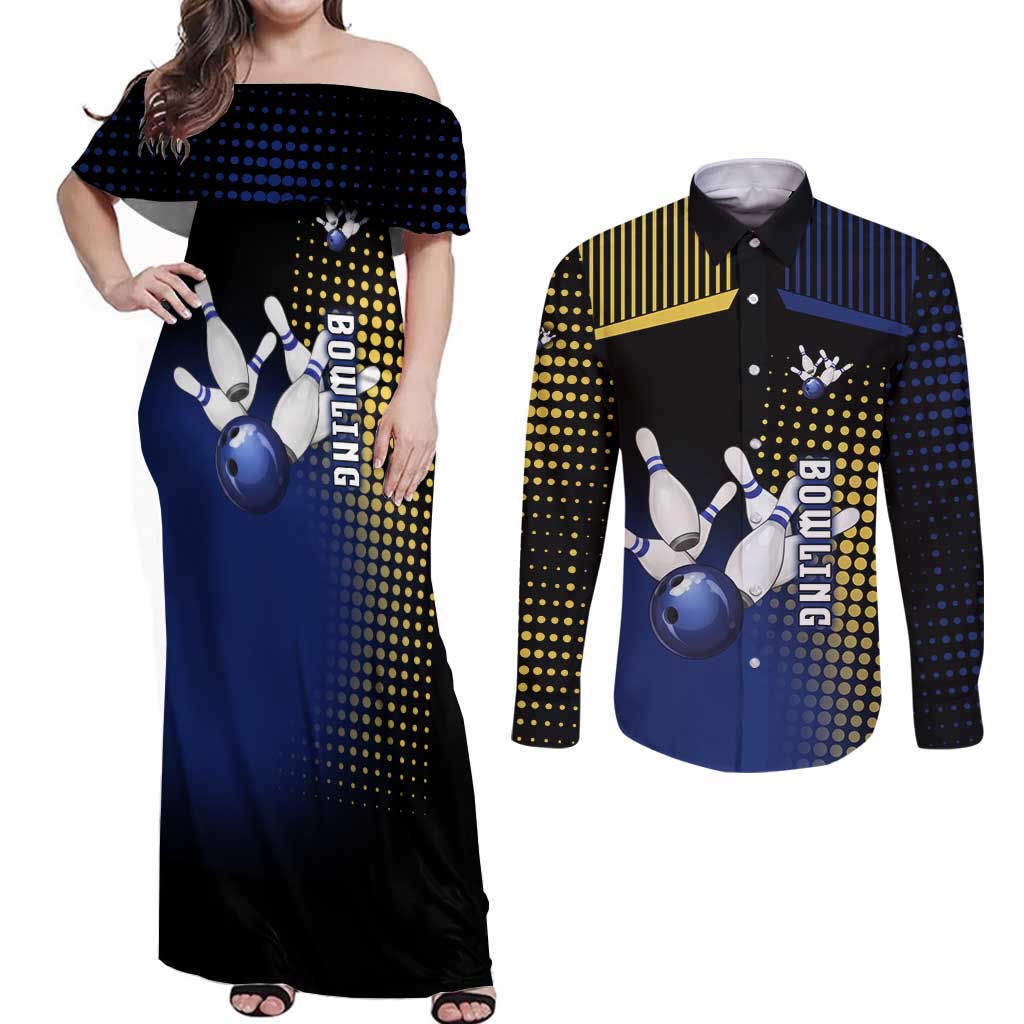 Personalized Blue and Yellow Bowling Couples Matching Off Shoulder Maxi Dress and Long Sleeve Button Shirt with Striking Pins Retro Dot Pattern Design - Wonder Print Shop