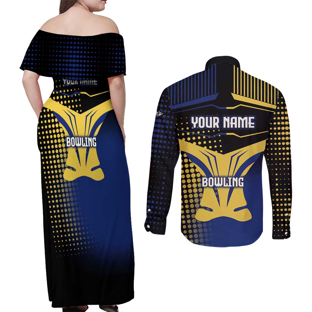 Personalized Blue and Yellow Bowling Couples Matching Off Shoulder Maxi Dress and Long Sleeve Button Shirt with Striking Pins Retro Dot Pattern Design - Wonder Print Shop