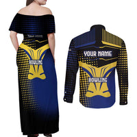 Personalized Blue and Yellow Bowling Couples Matching Off Shoulder Maxi Dress and Long Sleeve Button Shirt with Striking Pins Retro Dot Pattern Design - Wonder Print Shop