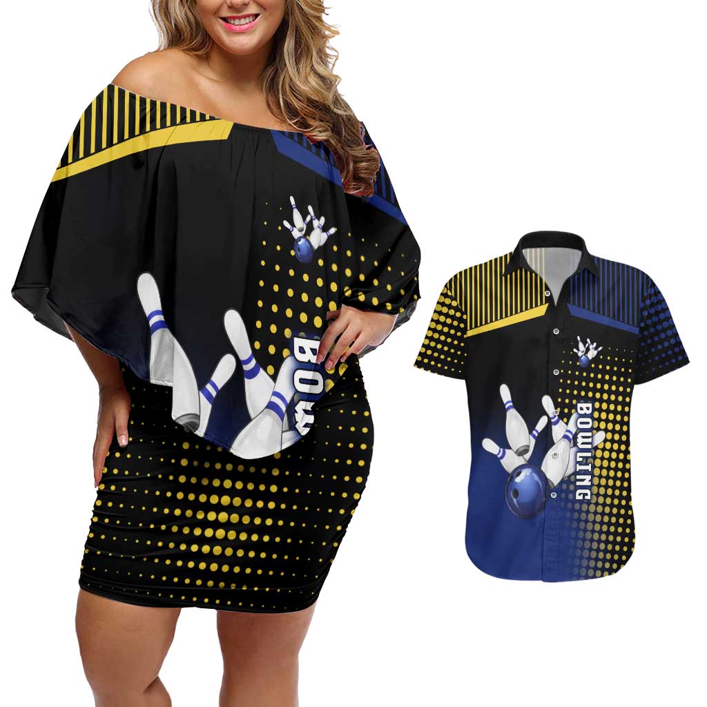 Personalized Blue and Yellow Bowling Couples Matching Off Shoulder Short Dress and Hawaiian Shirt with Striking Pins Retro Dot Pattern Design - Wonder Print Shop