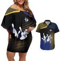 Personalized Blue and Yellow Bowling Couples Matching Off Shoulder Short Dress and Hawaiian Shirt with Striking Pins Retro Dot Pattern Design - Wonder Print Shop