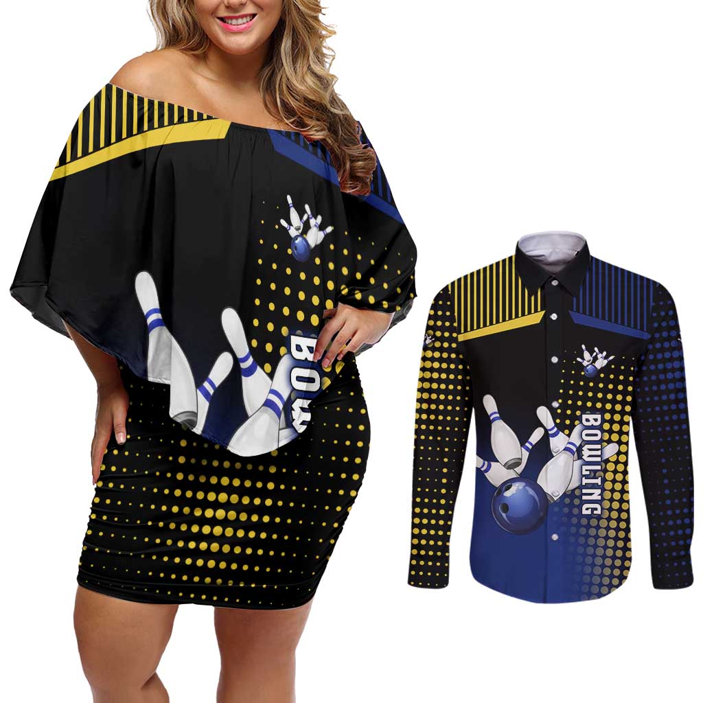 Personalized Blue and Yellow Bowling Couples Matching Off Shoulder Short Dress and Long Sleeve Button Shirt with Striking Pins Retro Dot Pattern Design - Wonder Print Shop