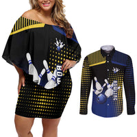 Personalized Blue and Yellow Bowling Couples Matching Off Shoulder Short Dress and Long Sleeve Button Shirt with Striking Pins Retro Dot Pattern Design - Wonder Print Shop