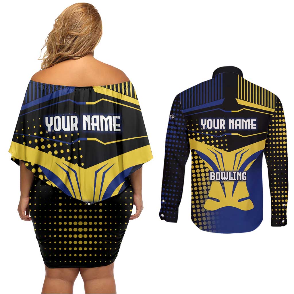 Personalized Blue and Yellow Bowling Couples Matching Off Shoulder Short Dress and Long Sleeve Button Shirt with Striking Pins Retro Dot Pattern Design - Wonder Print Shop