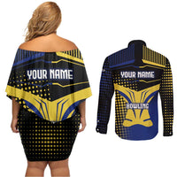 Personalized Blue and Yellow Bowling Couples Matching Off Shoulder Short Dress and Long Sleeve Button Shirt with Striking Pins Retro Dot Pattern Design - Wonder Print Shop