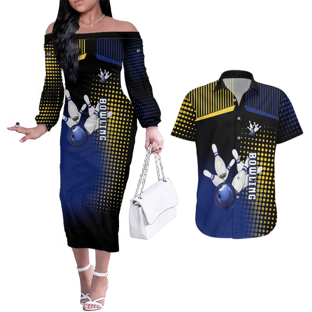 Personalized Blue and Yellow Bowling Couples Matching Off The Shoulder Long Sleeve Dress and Hawaiian Shirt with Striking Pins Retro Dot Pattern Design - Wonder Print Shop
