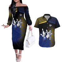 Personalized Blue and Yellow Bowling Couples Matching Off The Shoulder Long Sleeve Dress and Hawaiian Shirt with Striking Pins Retro Dot Pattern Design - Wonder Print Shop